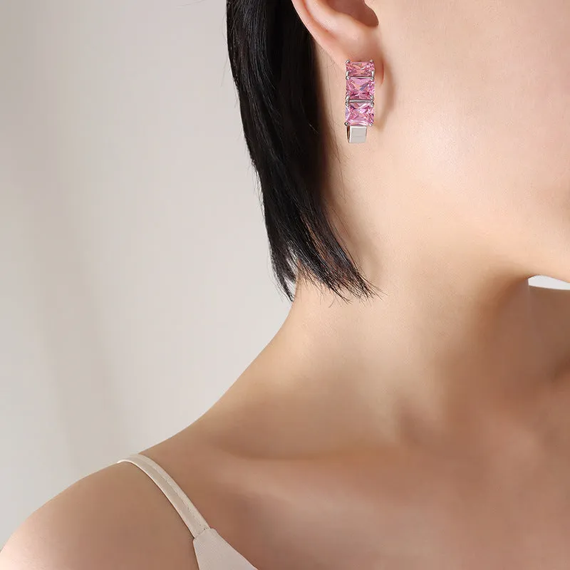 Summer Chic Pink Zircon C-Shaped Earrings with Celebrity Flair