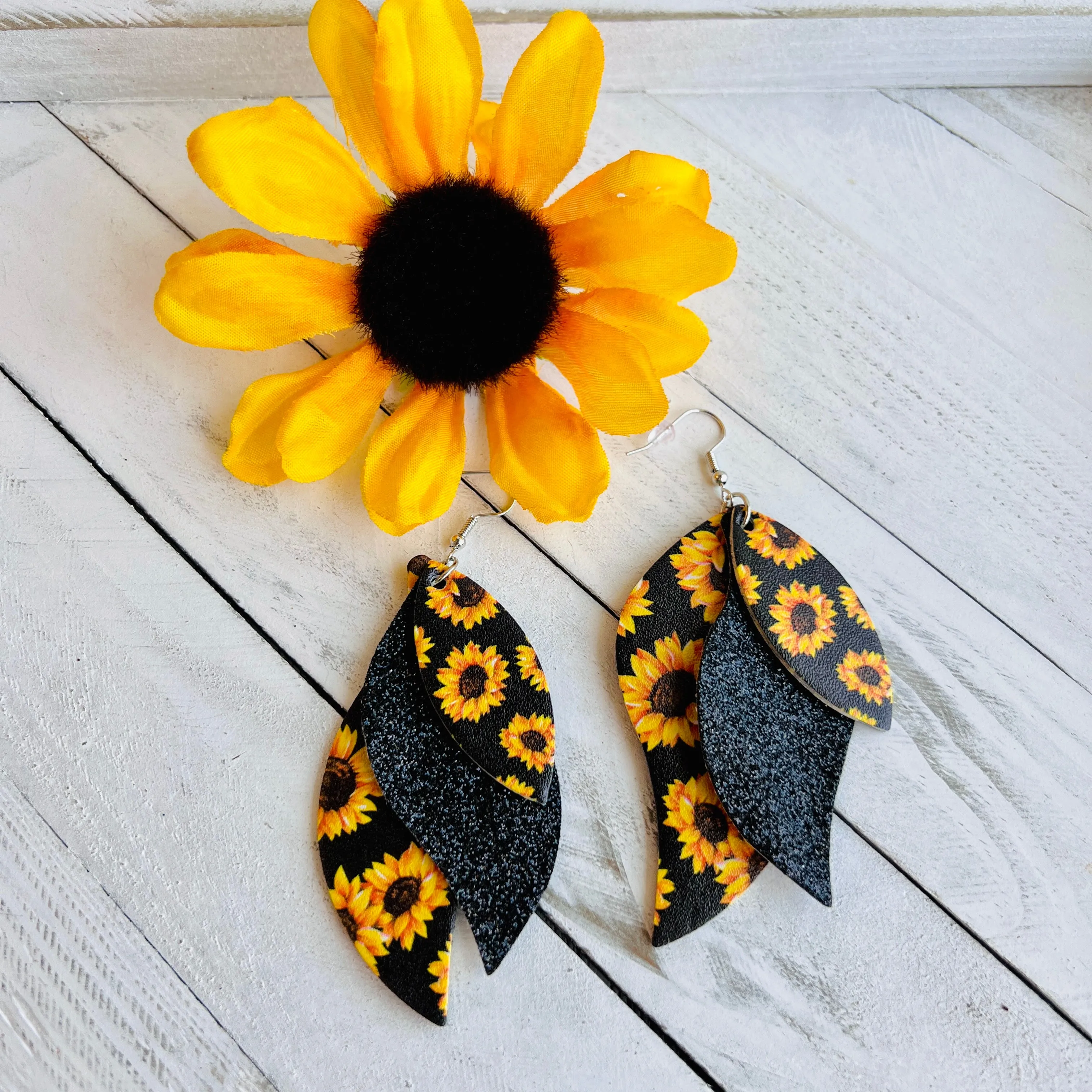 Sunflower Black Background Faux Leather Teardrop Ear Bling Two Styles Available