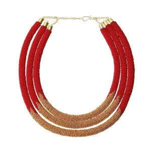 Top Pick: Red & Gold Beaded Rope Necklace, Triple Layered