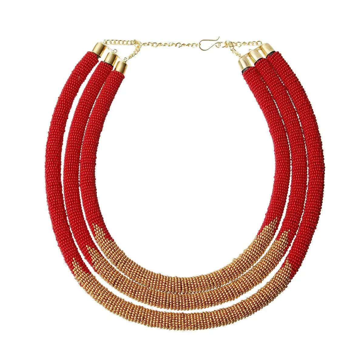 Top Pick: Red & Gold Beaded Rope Necklace, Triple Layered