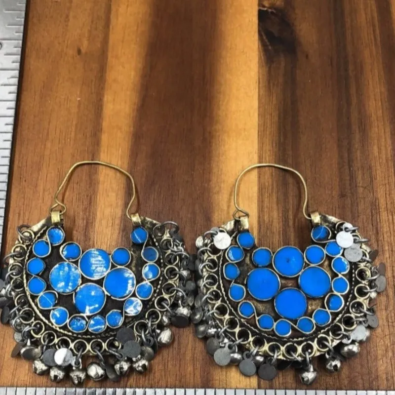 Tribal Light Weight Blue and Silver Hoop Style Earrings