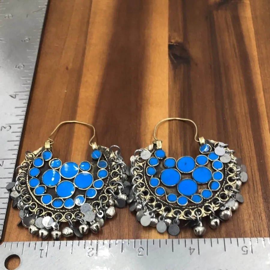 Tribal Light Weight Blue and Silver Hoop Style Earrings