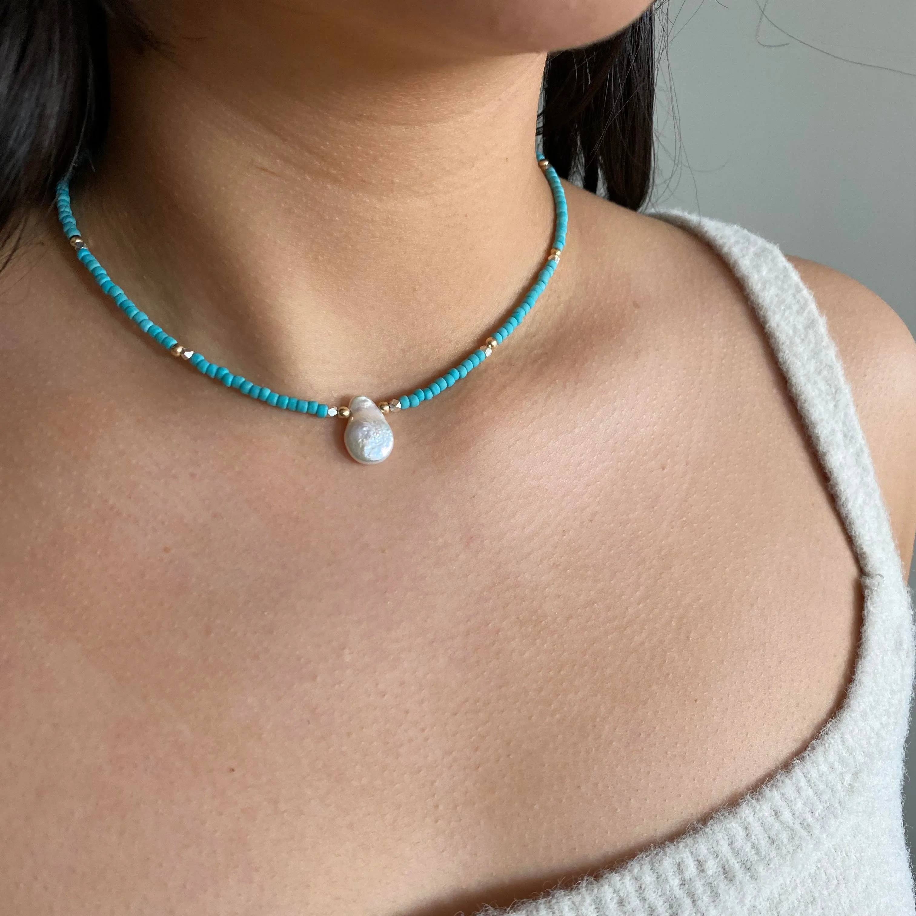 Turquoise Japanese Beaded Necklace with Keishi Pearl