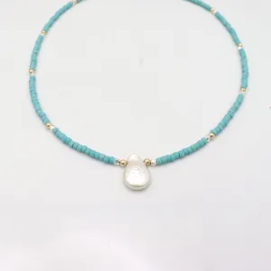 Turquoise Japanese Beaded Necklace with Keishi Pearl