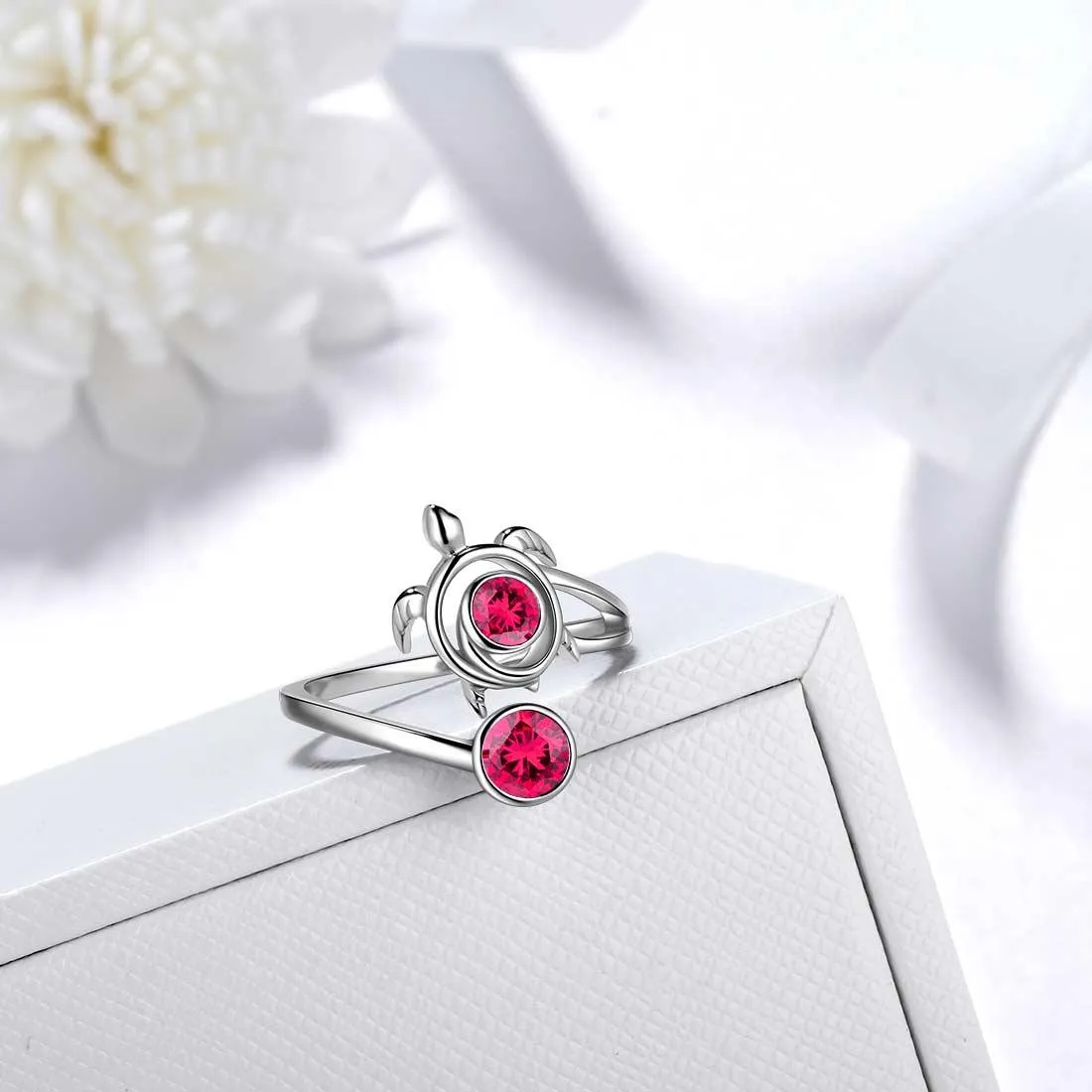 Turtle Birthstone July Ruby Ring Women Girls Jewelry Birthday Gift Sterling Silver