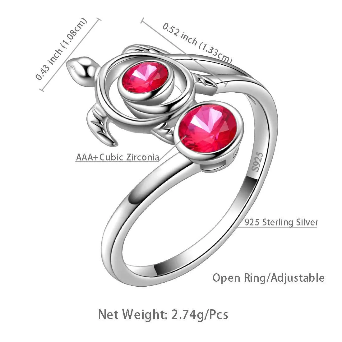 Turtle Birthstone July Ruby Ring Women Girls Jewelry Birthday Gift Sterling Silver