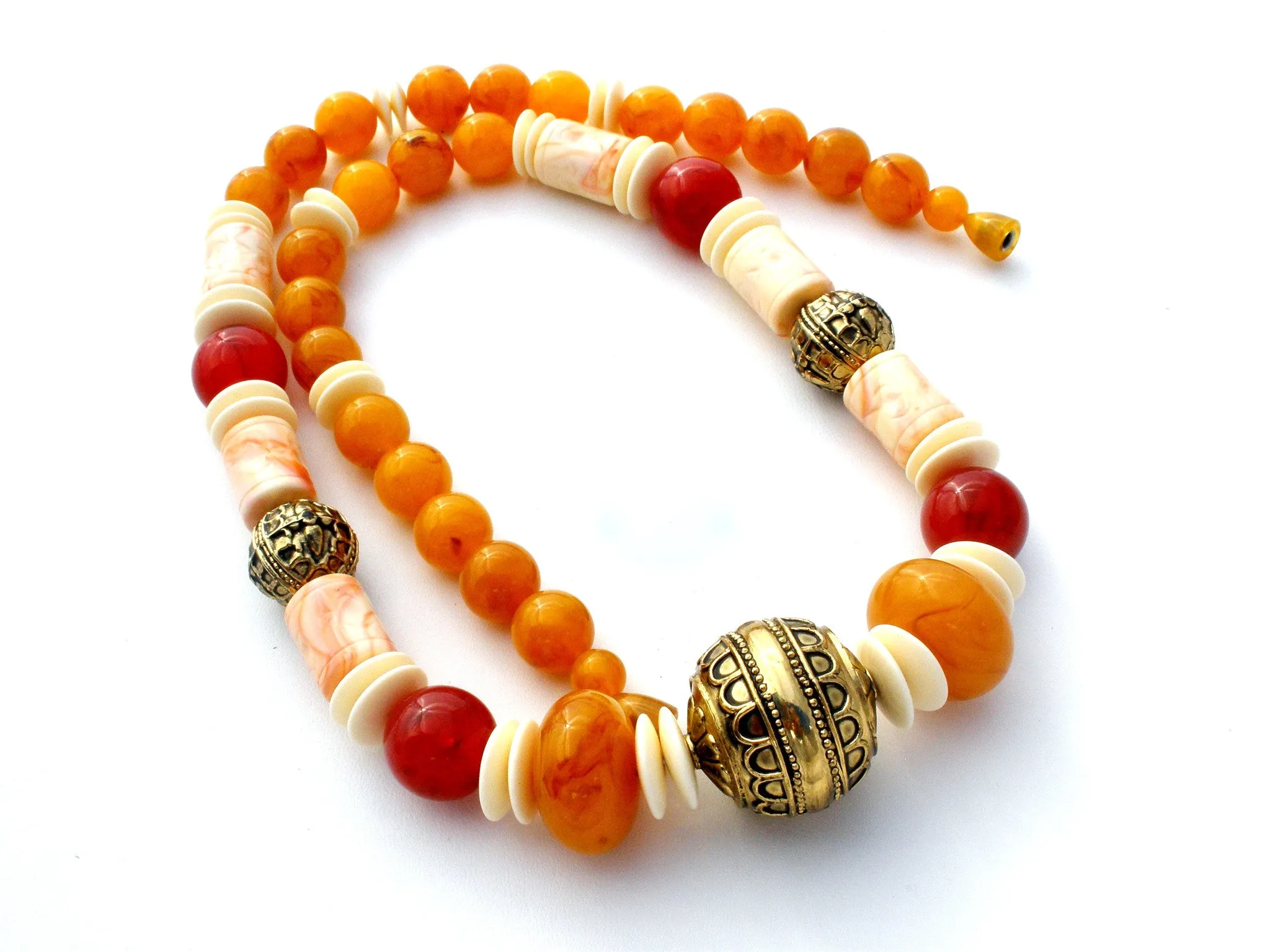 Vintage Bead Necklace Faux Amber & Bone