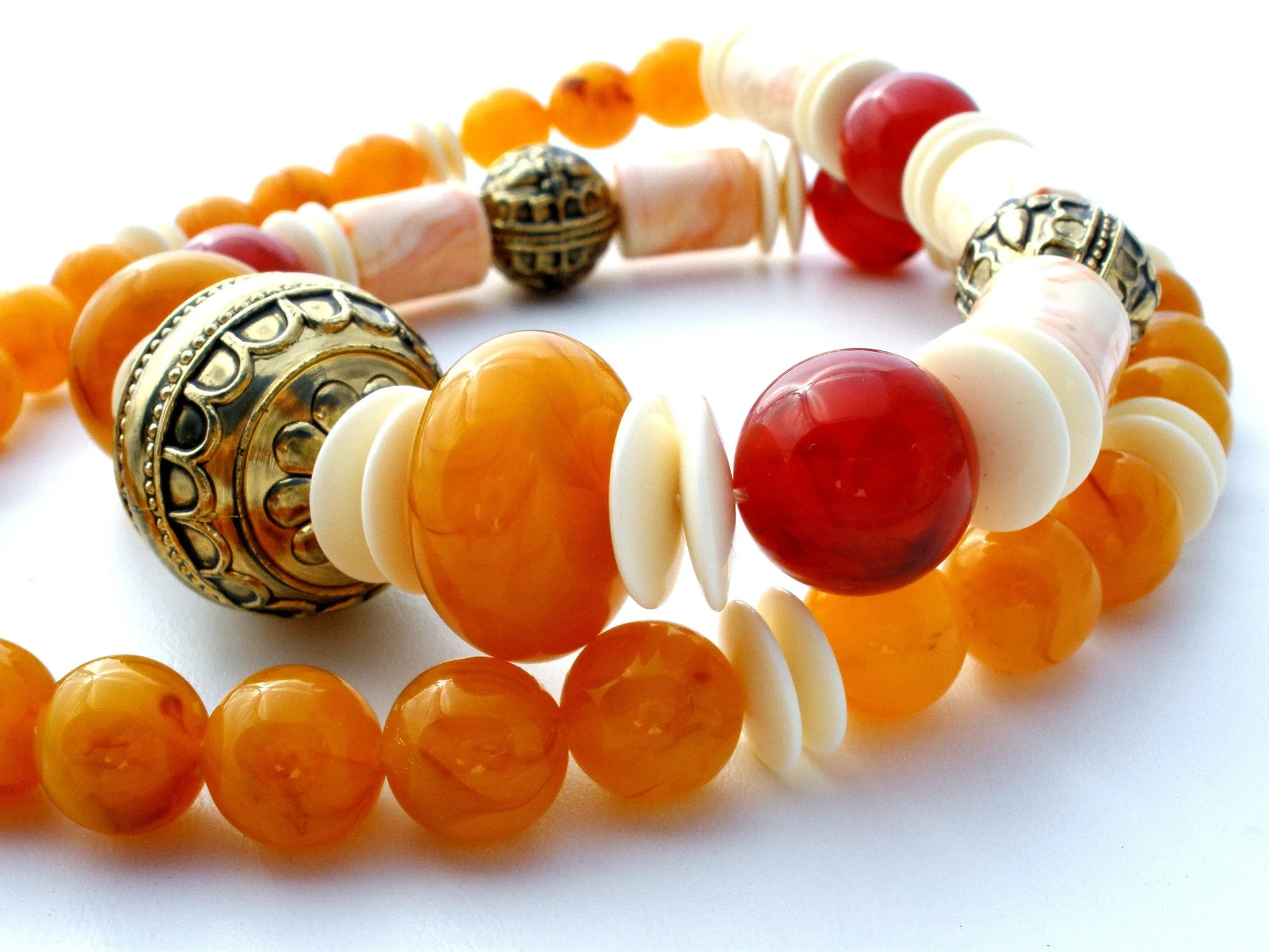 Vintage Bead Necklace Faux Amber & Bone