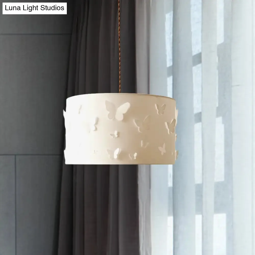 White Butterfly-Embellished Drum Pendant Lamp with Fabric Shade - Minimalist Design