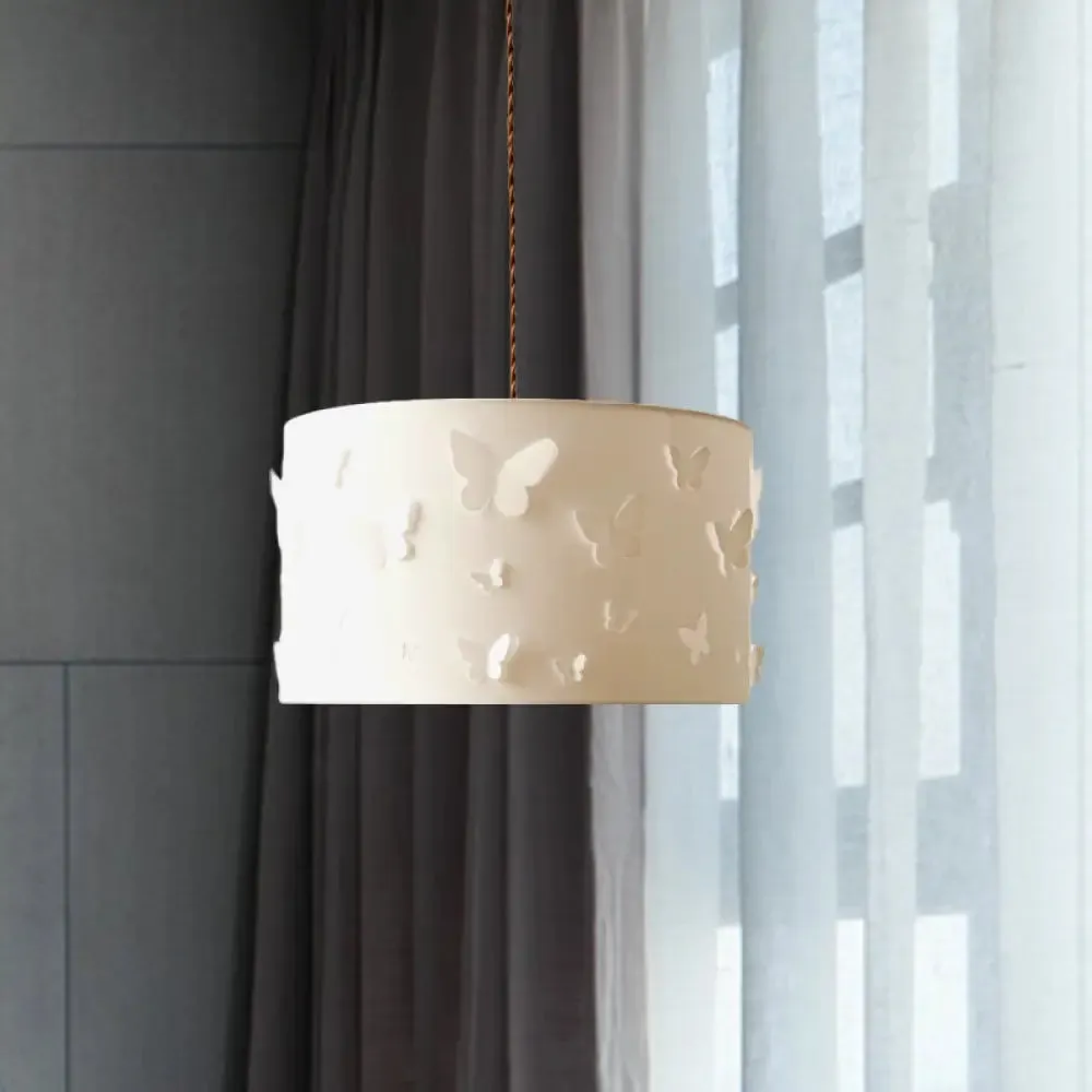 White Butterfly-Embellished Drum Pendant Lamp with Fabric Shade - Minimalist Design