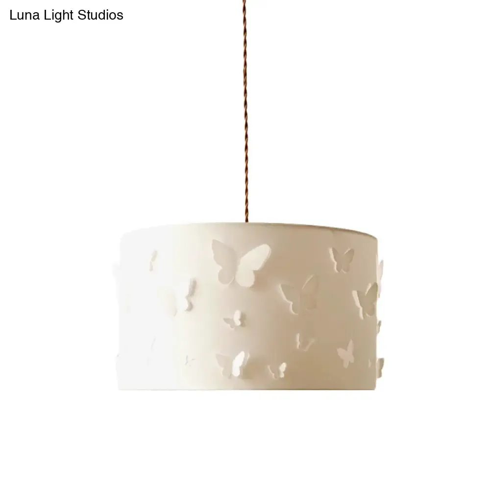 White Butterfly-Embellished Drum Pendant Lamp with Fabric Shade - Minimalist Design