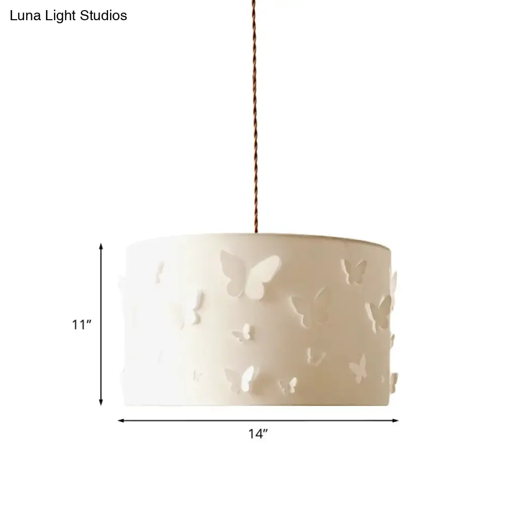 White Butterfly-Embellished Drum Pendant Lamp with Fabric Shade - Minimalist Design