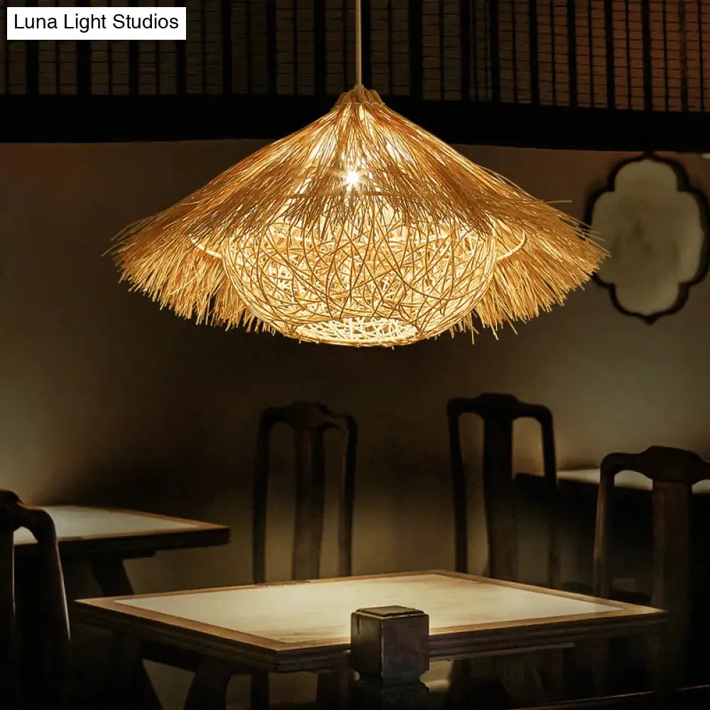 Wooden Minimalist Rattan Cone Pendant Ceiling Light - Restaurant use - 1 Head