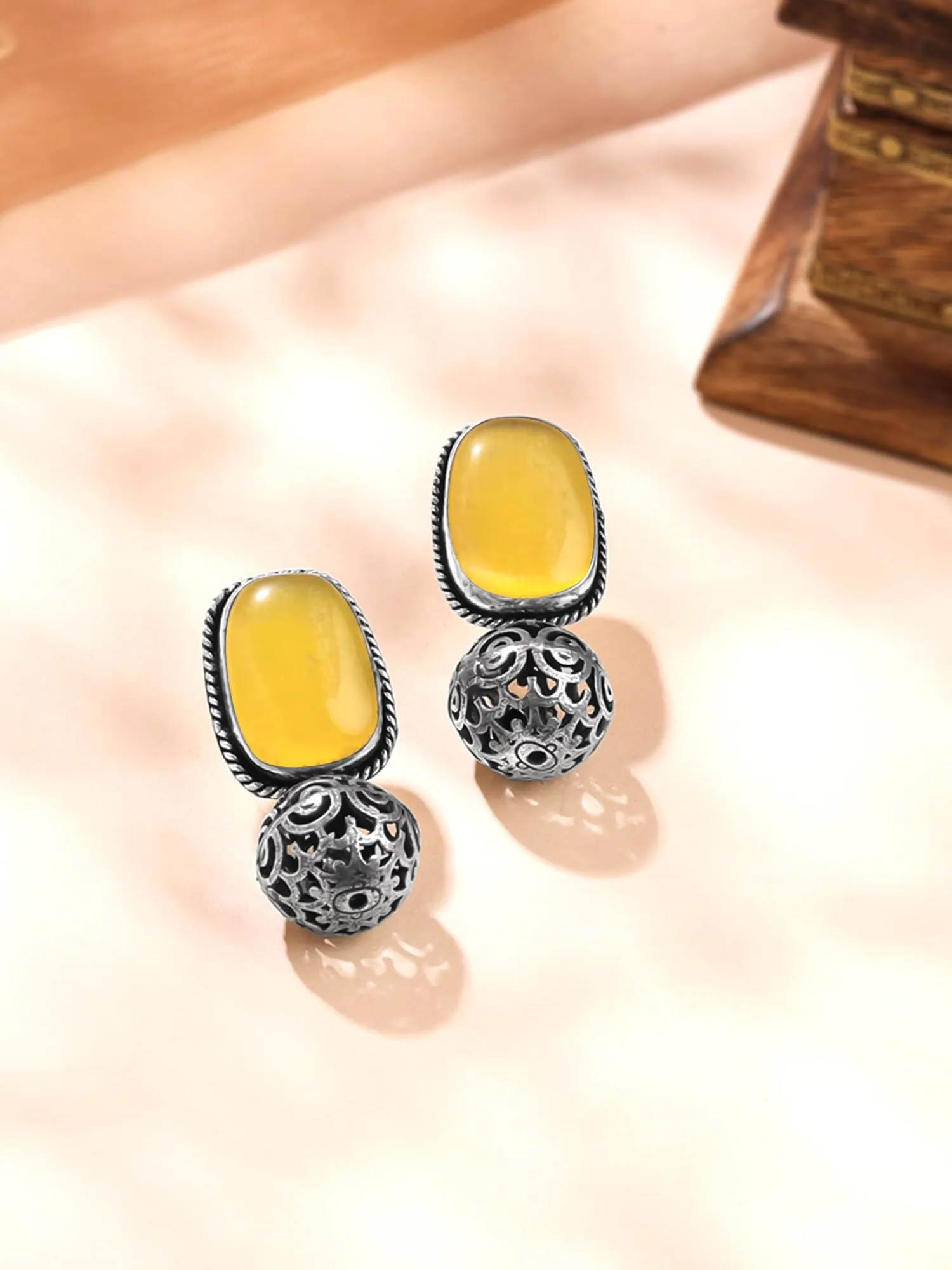 Yellow Chimes Silver Oxidised Earrings for Women & Girls | Traditional Oxidised Silver Drop Earrings Afghani Style Yellow Monalisa Stone Studded Earrings | Birthday Anniversary Gift for Wife Women